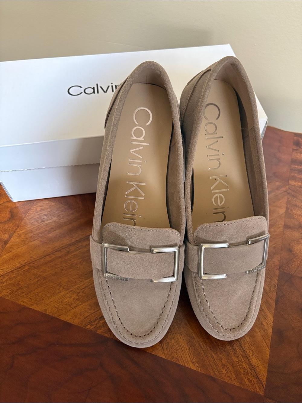Calvin Klein Taupe Suede Loafers with Silver Buckle